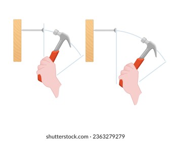 Guía cómo usar martillo de acero para martillar una uña en la ilustración vectorial de tablas de madera aislada en fondo blanco