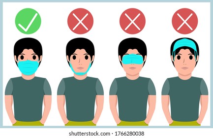Guide how to Wearing a face mask or surgical mask during pandemic in Cartoon Illustration Stock Vector