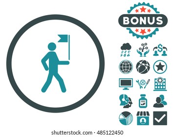 Guide icon with bonus symbols. Vector illustration style is flat iconic bicolor symbols, soft blue colors, white background.