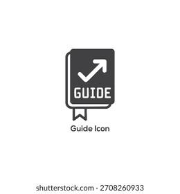 Icono de guía con libro, marca de verificación, flecha hacia arriba y marcador, instrucciones de representación, tutorial, manual y Asistencia de información