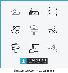 Guide icon. collection of 9 guide outline icons such as escalator, escalator up, escalator down, direction   isolated, direction. editable guide icons for web and mobile.