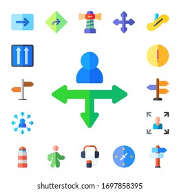 guide icon set. 17 flat guide icons.  Simple modern icons such as: direction, one way, signpost, decision making, opportunity, advise, sign post, lighthouse, walk, audio guide