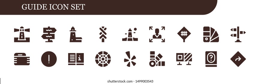 guide icon set. 18 filled guide icons.  Simple modern icons about  - Lighthouse, Signpost, Split point, Road sign, Decision making, Gauze, Advise, Manual, Color wheel