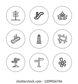 Guide icon set. collection of 9 outline guide icons with direction, directions, escalator, lighthouse, mask, sign post, signpost icons. editable icons.