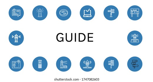 guide icon set. Collection of Guide, Lighthouse, Sample, Approved delivery, Signpost, Road sign, Itinerary, Pasta icons
