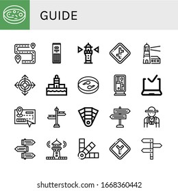 guide icon set. Collection of Sample, Itinerary, Pasta, Lighthouse, Crossroads, Direction, Guidepost, Approved delivery, Guide, Signpost, Pantone, Tourist, Junction, Directions icons