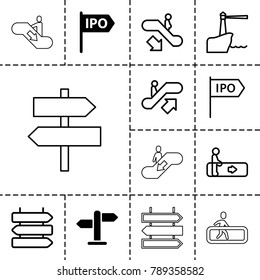 Guide icons. set of 13 editable outline guide icons such as direction, escalator, escalator up, escalator down, direction   isolated