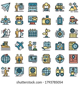 Guide icons set. Outline set of guide vector icons thin line color flat on white