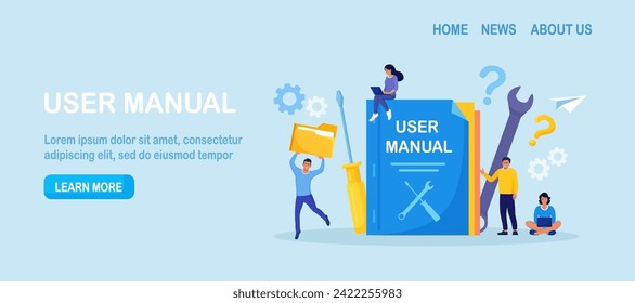 Guide instructions or handbooks. People reading user manual, guidebook or guidance. User manual book. Characters working together with useful information. FAQ