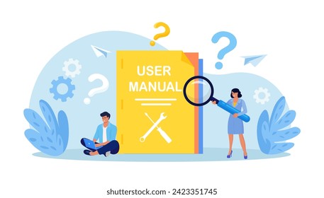 Guide instructions or handbooks. People reading user manual, guidebook or guidance. User manual book. Characters working together with useful information. FAQ