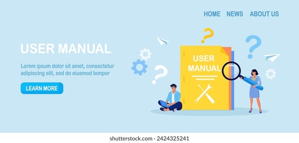Guide instructions or handbooks. People reading user manual, guidebook or guidance. User manual book. Characters working together with useful information. FAQ.
