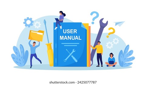 Guide instructions or handbooks. People reading user manual, guidebook or guidance. User manual book. Characters working together with useful information. FAQ