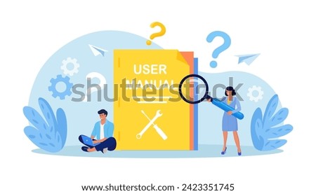 Guide instructions or handbooks. People reading user manual, guidebook or guidance. User manual book. Characters working together with useful information. FAQ