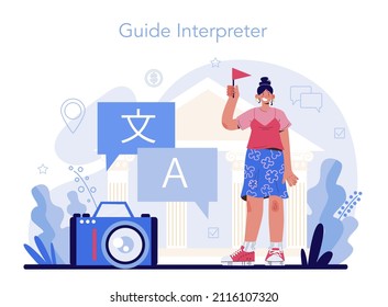 Guide interpreter concept. Tourists listening to the history of the city and attractions in native language. Tour entertainment at excursion. Idea of traveling abroad. Flat vector illustration