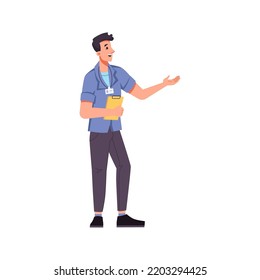 Guide man with badge on uniform and papers in hands pointing and looking in distance. Isolated personage talking and explaining. Flat cartoon character, vector in flat style