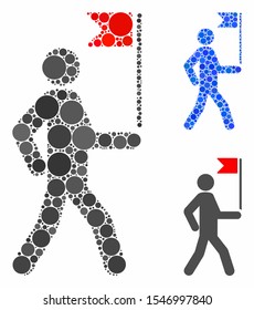 Guide man with flag composition of spheric dots in various sizes and color tints, based on guide man with flag icon. Vector round dots are united into blue composition.
