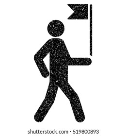 Guide Man With Flag grainy textured black icon for overlay watermark stamps. Flat symbol with dust texture. Dotted vector ink rubber seal stamp with grunge design on a white background.