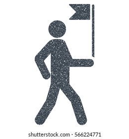 Guide Man With Flag grainy textured smooth blue icon for overlay watermark stamps. Flat symbol with dust texture. Dotted vector ink rubber seal stamp with grunge design on a white background.