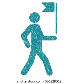 Guide Man With Flag grainy textured soft blue icon for overlay watermark stamps. Flat symbol with dirty texture. Dotted vector ink rubber seal stamp with grunge design on a white background.