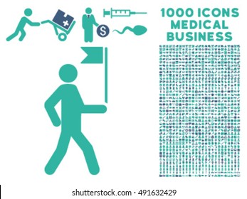 Guide Man With Flag icon with 1000 medical business cobalt and cyan vector pictographs. Set style is flat bicolor symbols, white background.