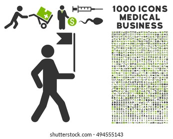 Guide Man With Flag icon with 1000 medical business eco green and gray vector pictograms. Collection style is flat bicolor symbols, white background.
