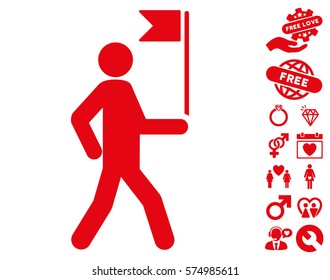 Guide Man With Flag icon with bonus love images. Vector illustration style is flat iconic red symbols on white background.