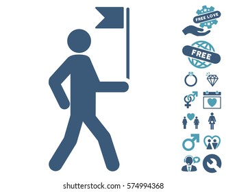 Guide Man With Flag icon with bonus dating pictures. Vector illustration style is flat iconic cyan and blue symbols on white background.