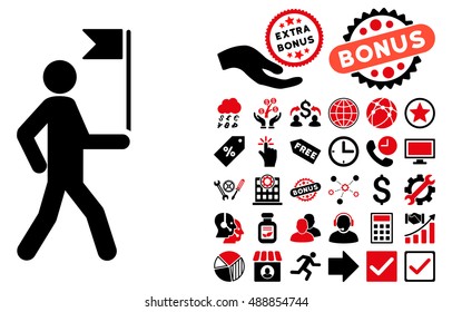 Guide Man With Flag pictograph with bonus symbols. Vector illustration style is flat iconic bicolor symbols, intensive red and black colors, white background.