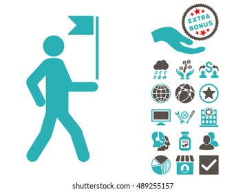 Guide Man With Flag pictograph with bonus pictograph collection. Vector illustration style is flat iconic bicolor symbols, grey and cyan colors, white background.