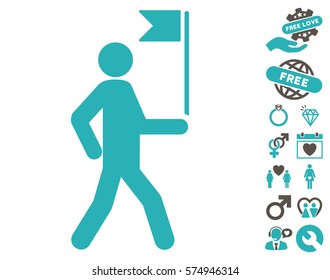 Guide Man With Flag pictograph with bonus love pictograph collection. Vector illustration style is flat iconic grey and cyan symbols on white background.