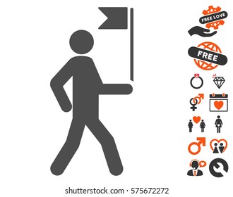 Guide Man With Flag pictograph with bonus valentine design elements. Vector illustration style is flat iconic elements for web design, app user interfaces.