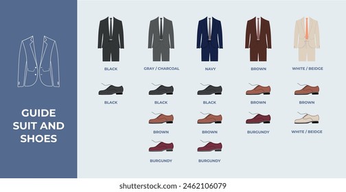 Guide match dress shoes and suit. The right color combination of suit and shoes. Color flat vector illustration. Isolated. Combine shoes and boots with business suits. Gentlemen’s outfit