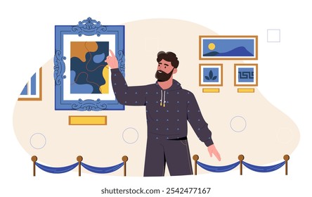 Guide in museum. Man near paintings tells story. Information for tourists and visitors to museum, exhibition or gallery. Cultural recreation and leisure. Flat vector illustration