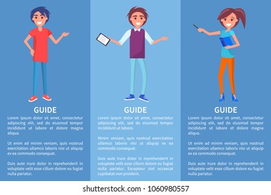 Guide in museum with pointer, folder with presentation, showing hand on something. Vector illustration of adult man and woman with text
