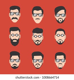 Guide Of Mustache And Bearded Man Faces, Hipsters With Different Haircuts And Glasses, Vector Illustration