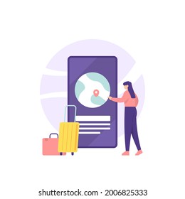 guide and navigation concept. illustration of a tourist using a map or gps application on a smartphone. see the location of tourism places. flat cartoon style. flat design