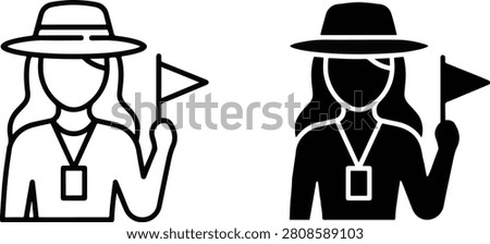 Guide person icon set with flag symbol explorer location direction character navigation sightseeing vacation traveler assistant