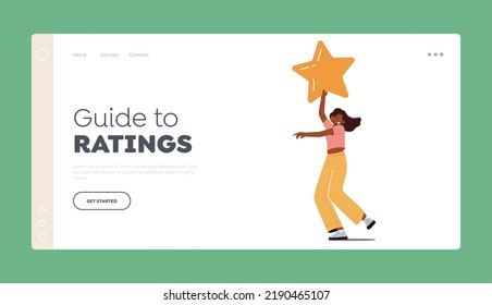 Guide to Ratings Landing Page Template. Woman Hold Yellow Star to Rate Service or Goods. Client Female Character Feedback, Customer and User with Rating Star. Cartoon People Vector Illustration