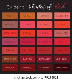 Guide to shades of Red - color palette with names vector