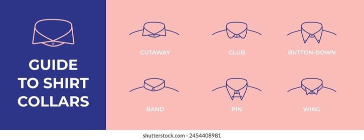 Guide to Shirt Collar Types. Drawings of different collar styles set. Cutaway, club, band, pin, wing, button-down collar Shirt styles.