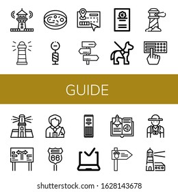 guide simple icons set. Contains such icons as Lighthouse, Sample, Signpost, Guide, Cicerone, Guide dog, Braille, Road sign, Tour Pasta, can be used for web, mobile and logo