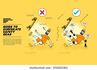 Guide to skateboard or surf skate safety gear and accident. Vector illustration concept of man skating at park and falling down. Do's and don'ts.