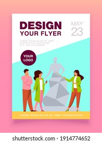 Guide telling about sculpture to tourists. Museum, travel, leisure flat vector illustration. Art and entertainment concept for banner, website design or landing web page