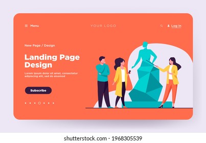 Guide telling about sculpture to tourists. Museum, travel, leisure flat vector illustration. Art and entertainment concept for banner, website design or landing web page