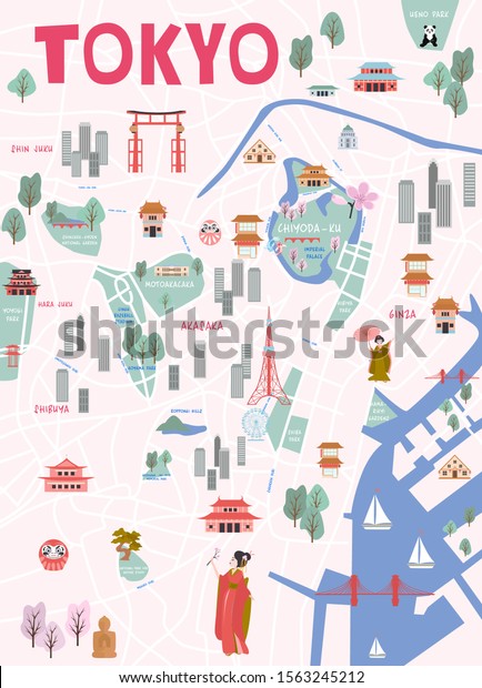 Guide to Tokyo. illustrated city map with main streets and landmarks. Tourist route. Editable 