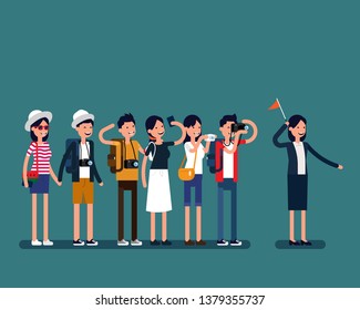 Guide Tour And Group Of Tourists. Vector People Travel Concept, Guide Tour Explains Details About Country, Holiday, Family.