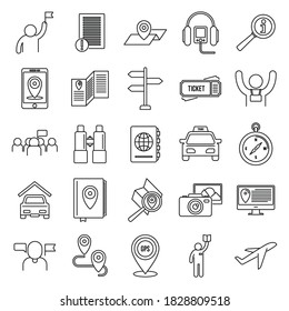 Iconos de la guía turística. Conjunto de esquemas de iconos de los vectores del tour de guía para el diseño web aislado en fondo blanco