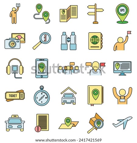 Guide tour icons set. Outline set of guide tour vector icons thin line color flat on white