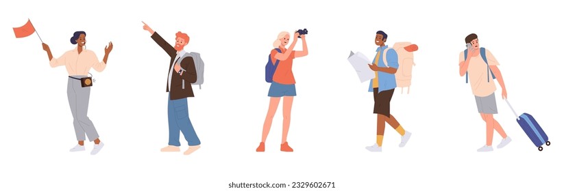 Guide and tourist group of people cartoon character with bags, suitcases and backpacks isolated set