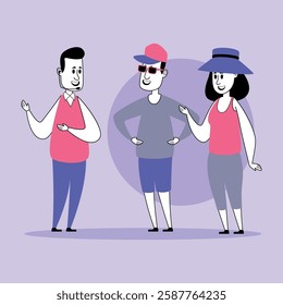Guide and tourists chatting joyfully while exploring new destination. They wearing casual clothing suitable for travel. City travel concept